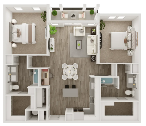A top-down view of a small, neatly organized apartment with a kitchen, living room, and bathroom.